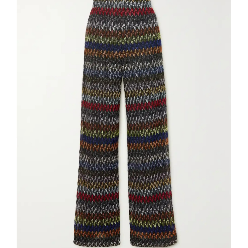 Striped Metallic Crochet-Knit Wide-Leg Pants