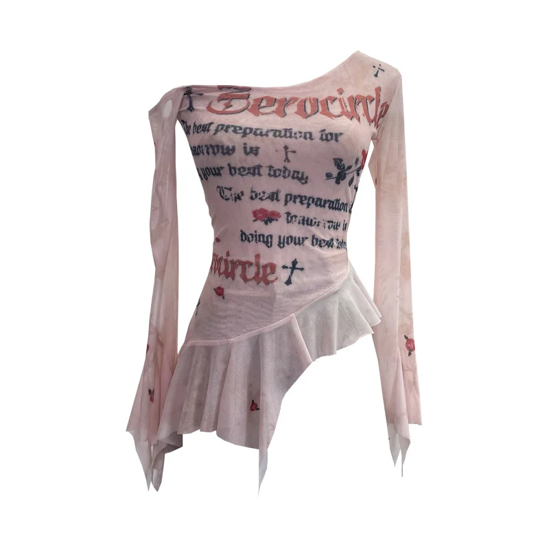 Uveng Tie Tie Net Yarn Oblique Shoulder Babes Sexy Body-On-Sleeve Horn Irregular Top 9955