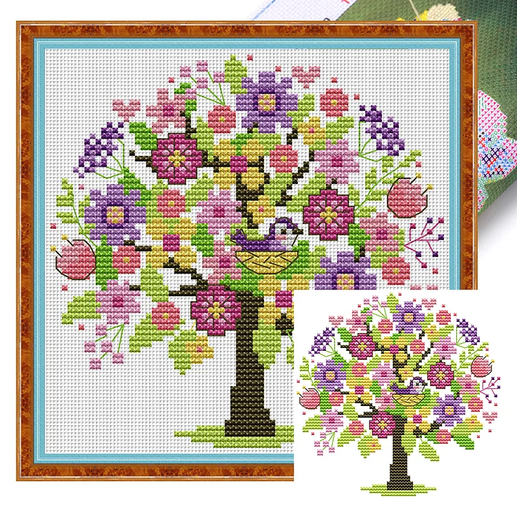 Mona Lisa Brand - Four Seasons Tree - Spring- 2 - 14CT Strands Threads Printed cross stitch - 18*18cm(Canvas)