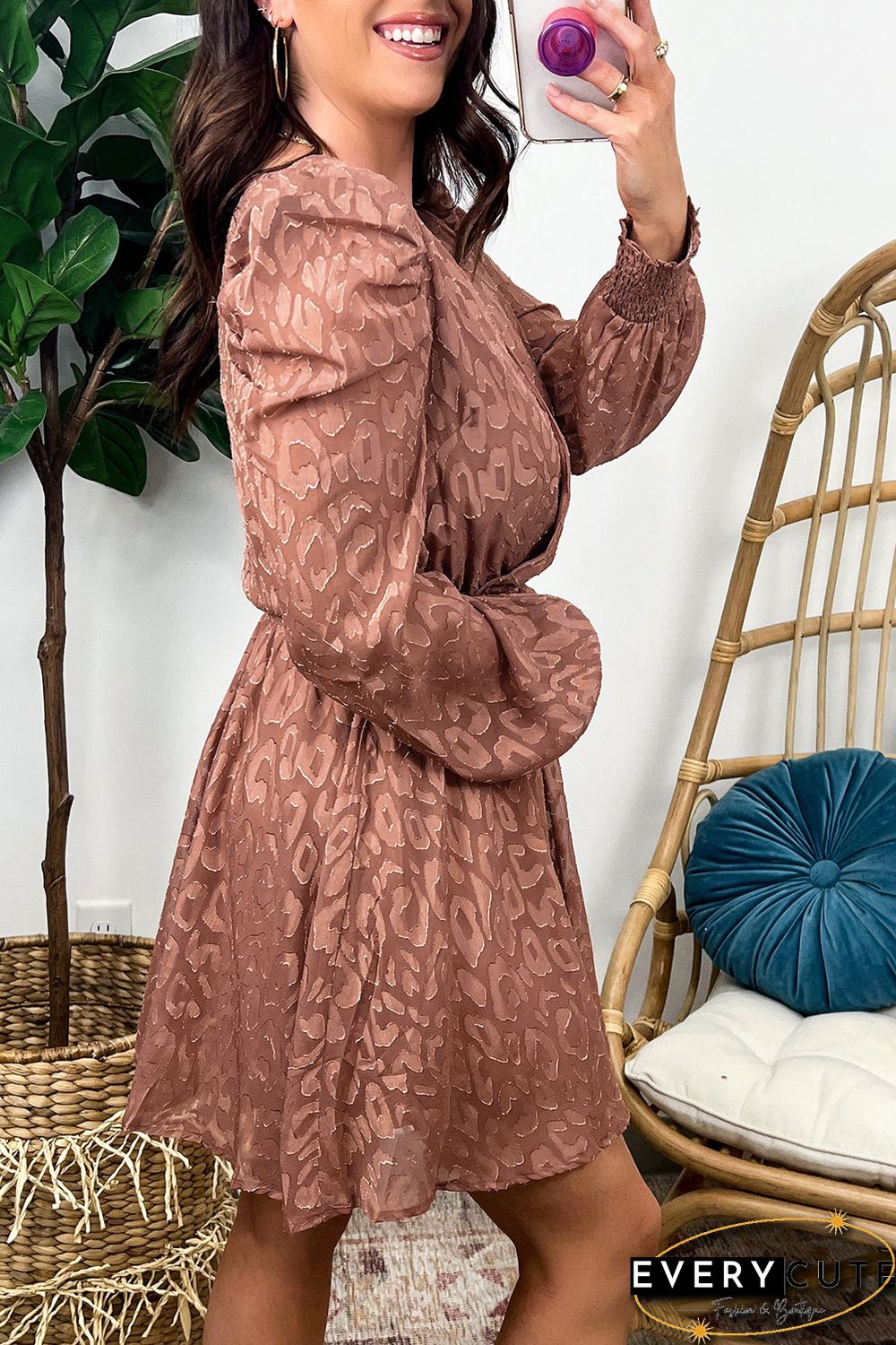 Jacquard Animal Print Surplice V Neck Short Dress