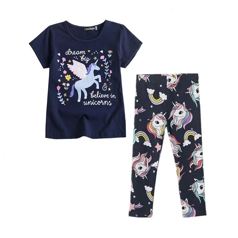 Unicorn Kids Girls Clothes Sets 2PCS Short Sleeve T-Shirt + Long Pants Rainbow Print Elastic Leggings Boys Girls Summer Clothes