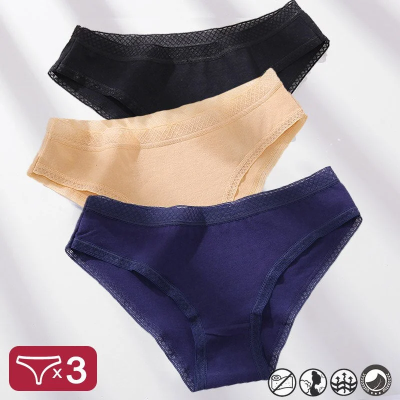 3PCS/Set Mesh Waistband Cotton Panties Women's Briefs Underwear Sexy Lingerie Panties Female Underpants Solid Color Girls Pantys