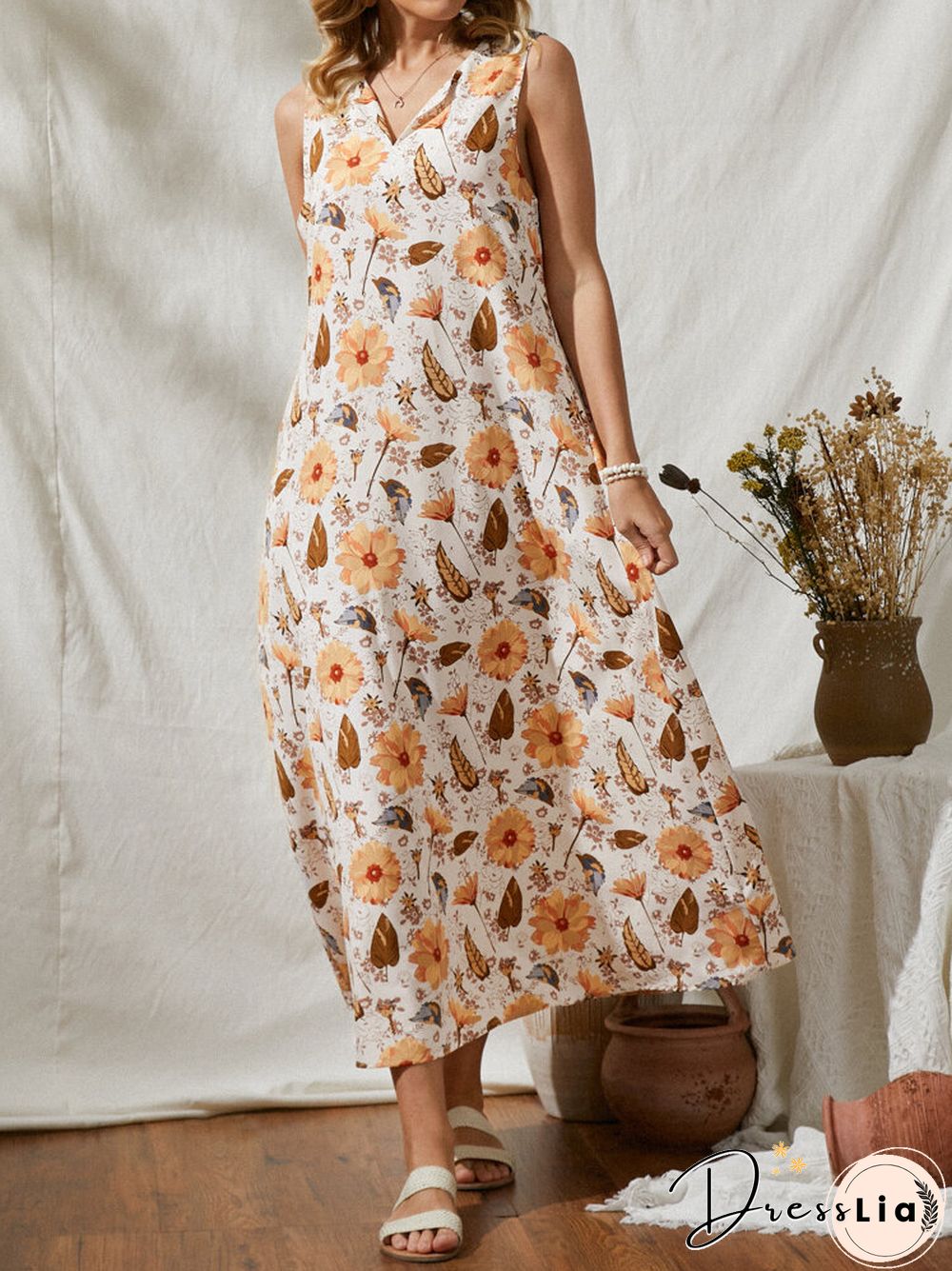Flower Leaves Print V-neck Sleeveless Women Loose Maxi Dress