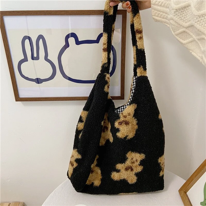 Women Large Capacity Handbag Fabric Shoulder Bag Plush Cartoon Bear Printed Decorative Button Inner Plaid Shopper Bags