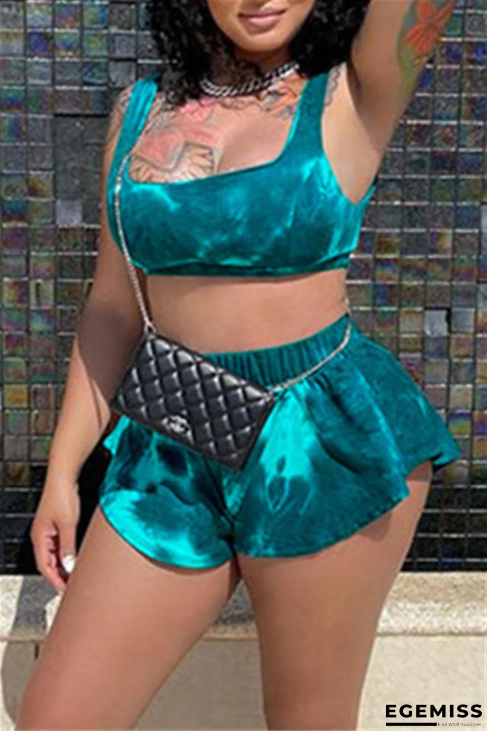 Lake Blue Fashion Sexy Solid Vests U Neck Sleeveless Two Pieces | EGEMISS
