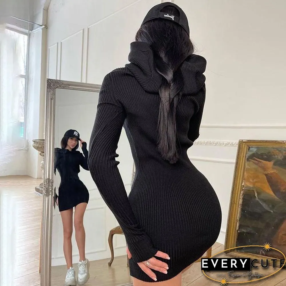 Slim Plain Long Sleeve Knit Bodycon Dress