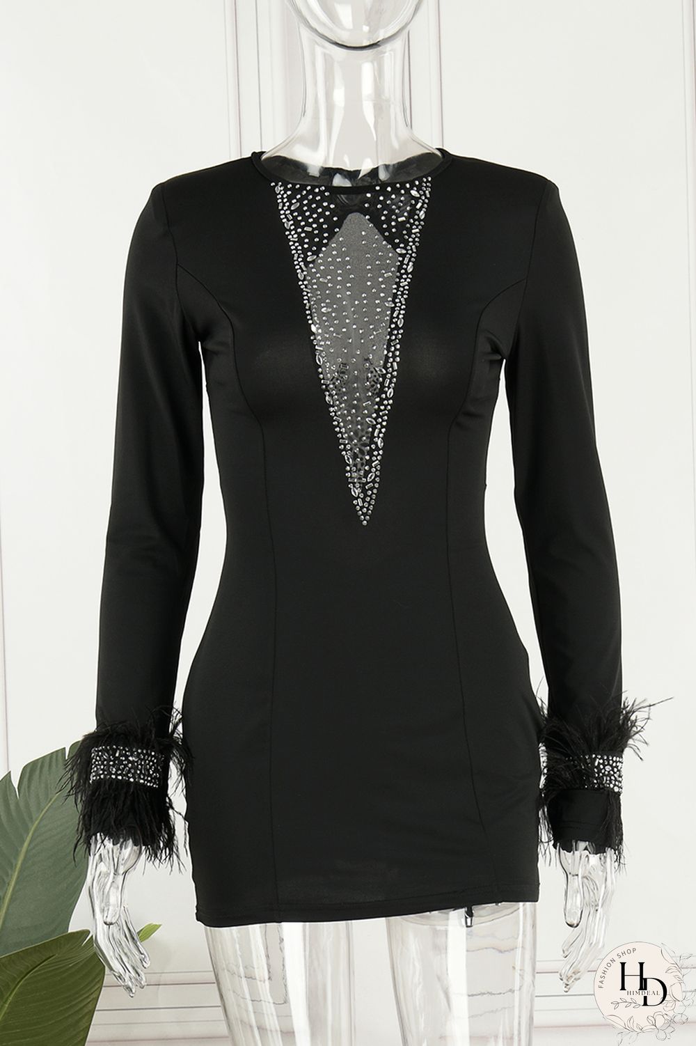 Black Sexy Hot Drilling Patchwork Hot Drill O Neck Sheath Dresses