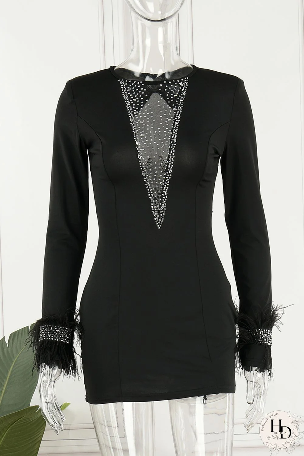 Black Sexy Hot Drilling Patchwork Hot Drill O Neck Sheath Dresses