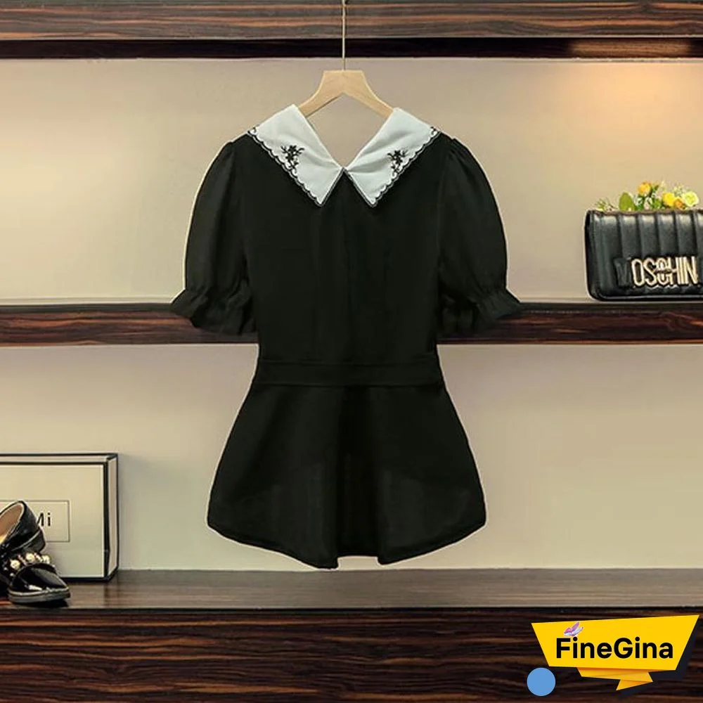 Embroidery Lapel Tee+Wild Shorts P11424