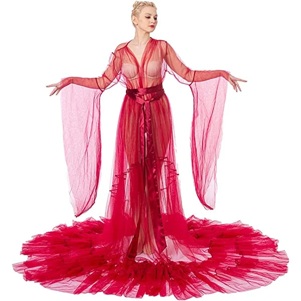 Tulle Robe Long Bridal Robe Lingerie for Women Sexy Vintage Victorian Long Nightgown with Ruffle Kimono Cover up Dress