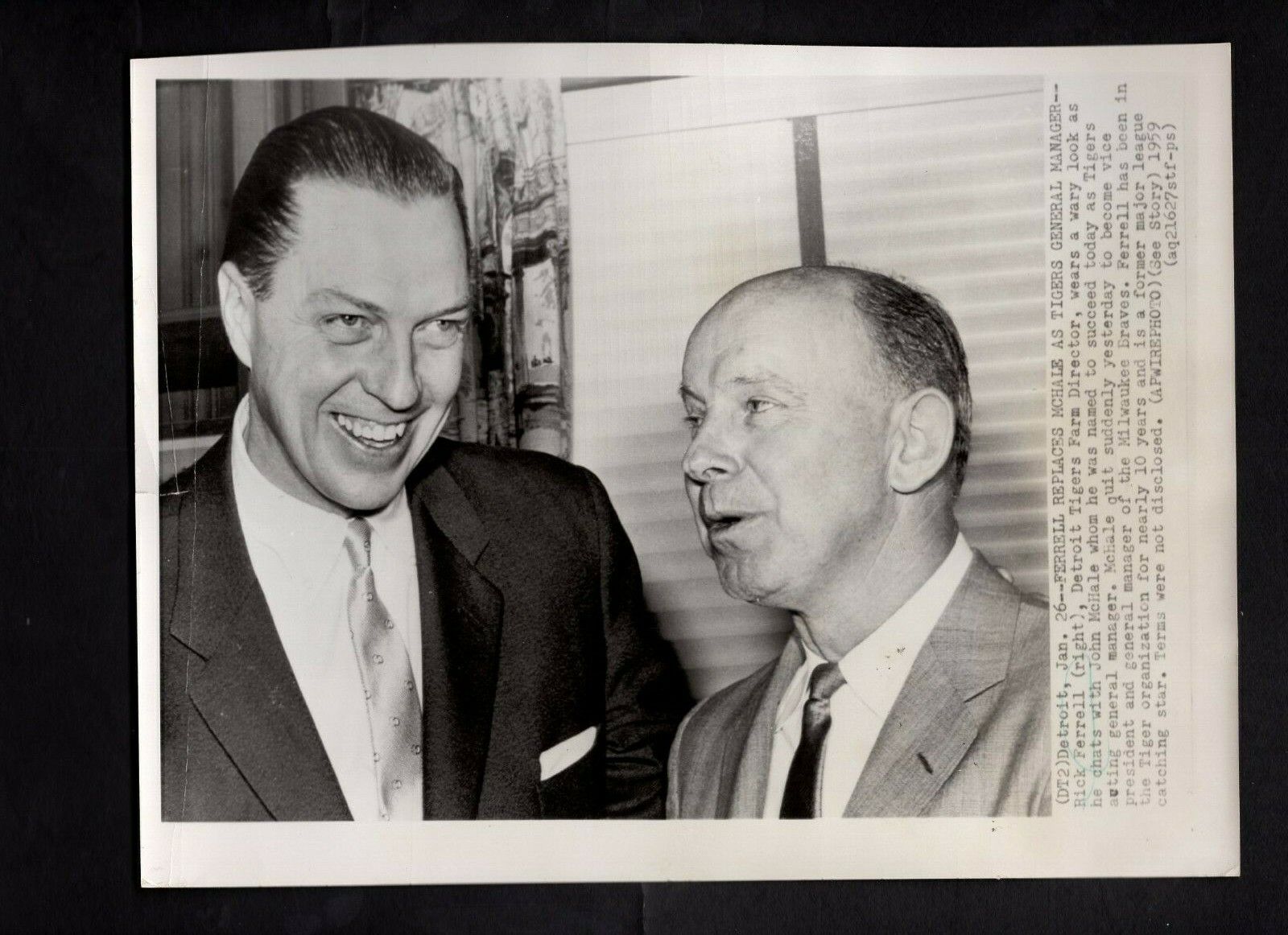 Rick Ferrell takes over from John McHalle as Detroit Tigers GM 1959 Press Photo Poster painting