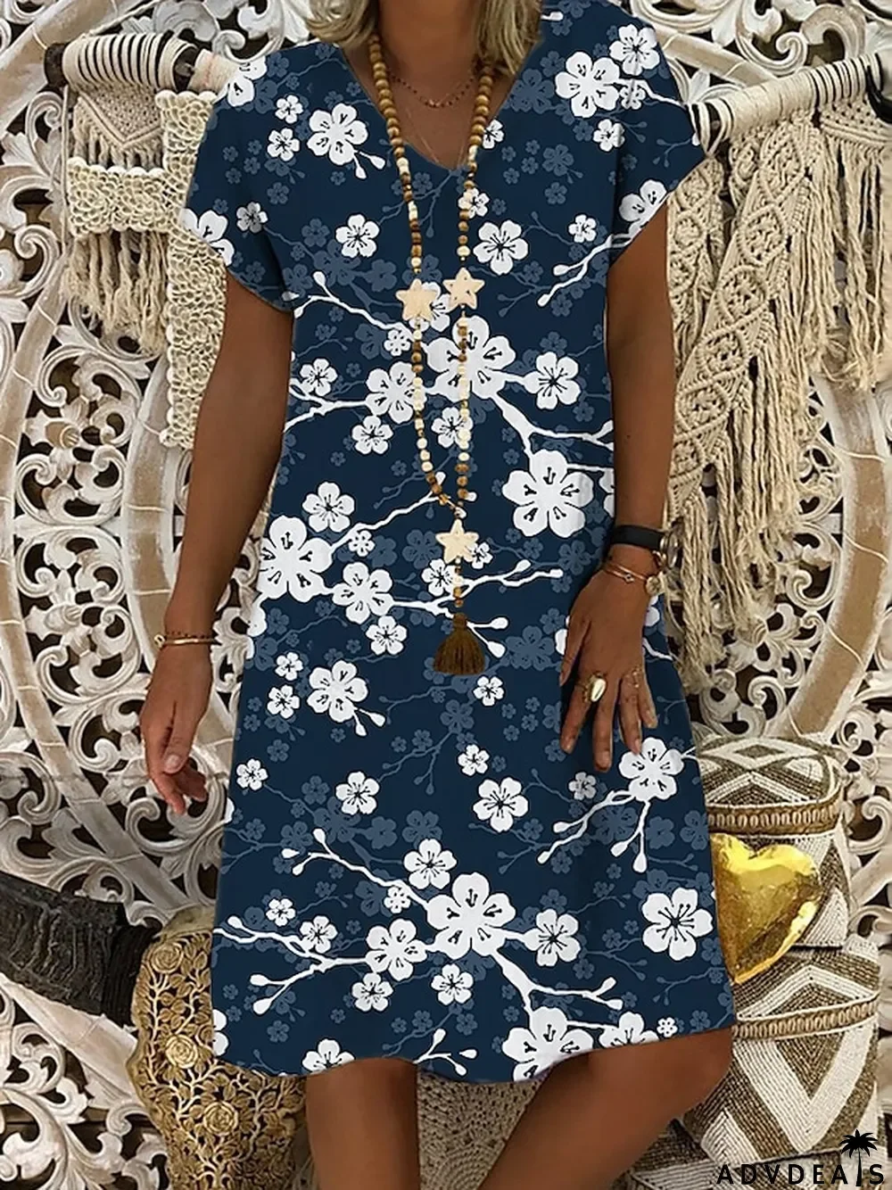 Women's Casual Dress Shift Dress Midi Dress White Blue Green Short Sleeve Flower Print Summer Spring V Neck Basic Vacation Summer Dress S M L XL XXL 3XL