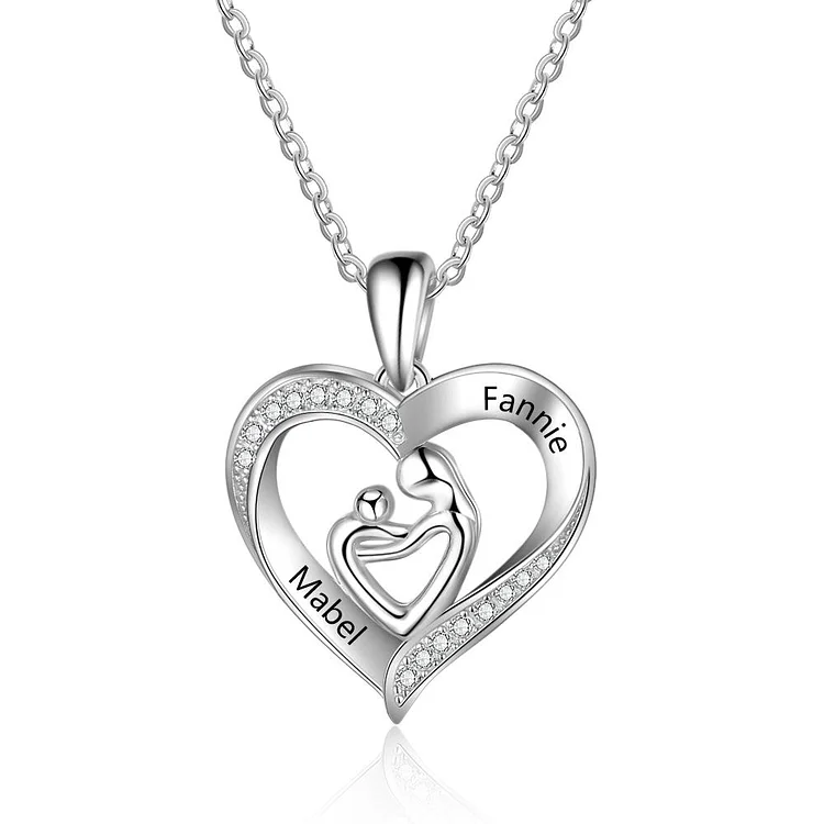 Mother and Child Heart Necklace Engraved with 2 Names Love Necklace Sterling Silver