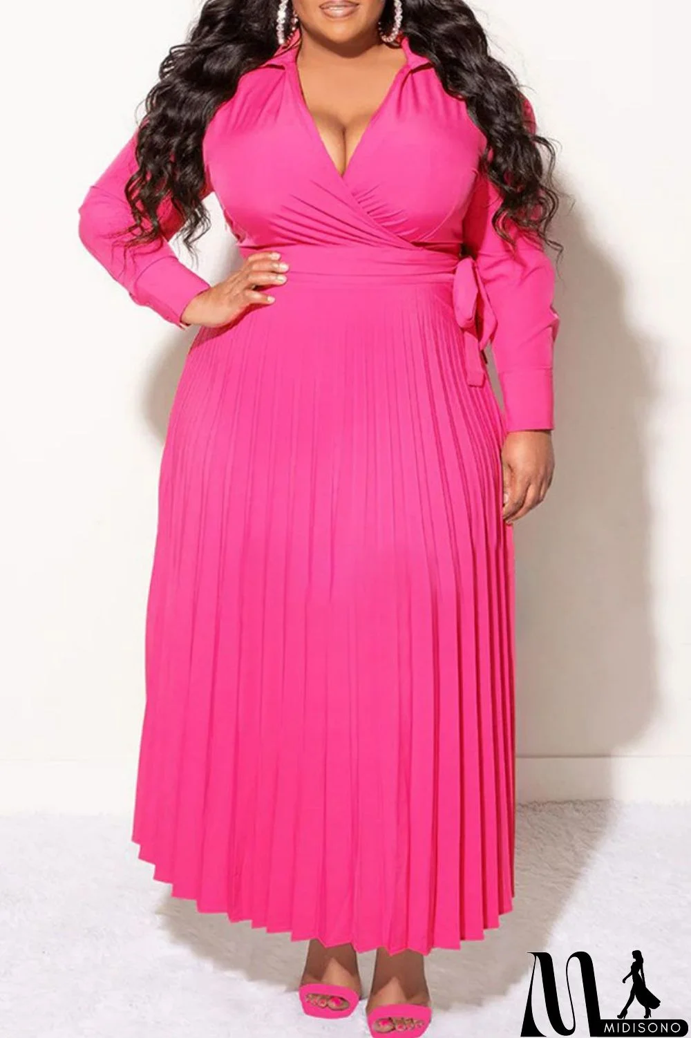 MidiSono - Rose Red Casual Solid Frenulum V Neck Pleated Plus Size Dresses
