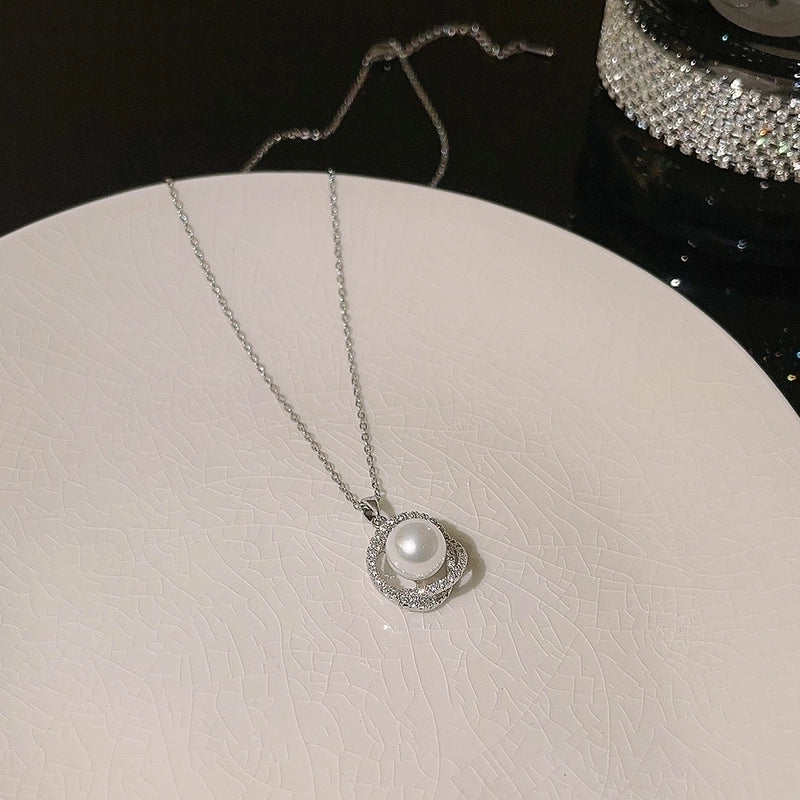 Elegant Lady Geometric Titanium Steel Artificial Pearls Zircon Inlay Pendant Necklace