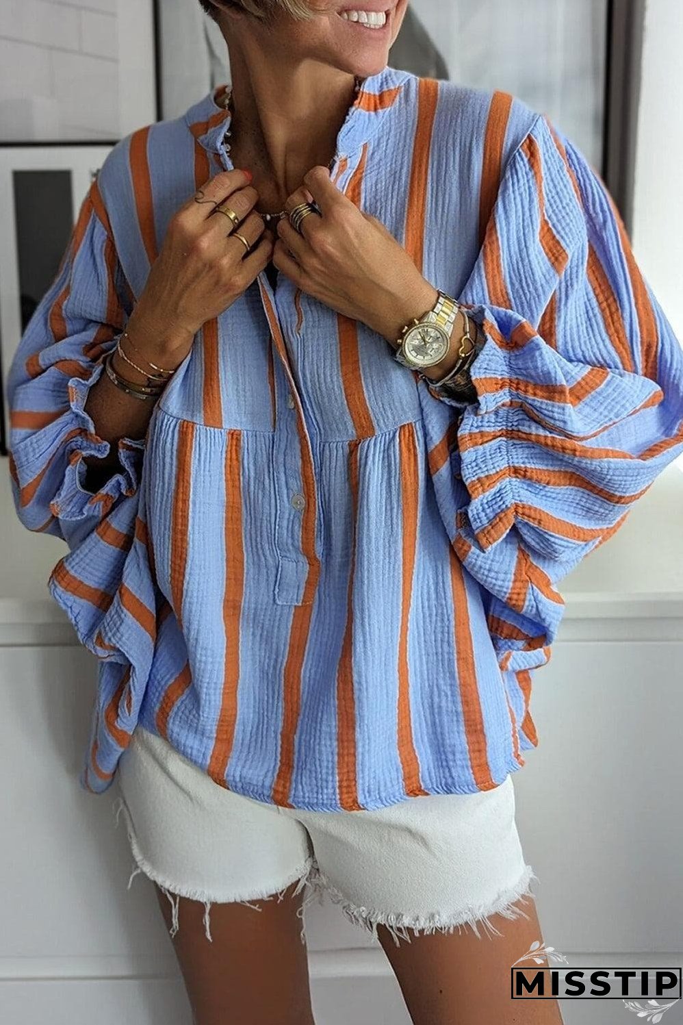 Sky Blue Stripe Crinckled Ruffled Sleeve Button up Loose Shirt