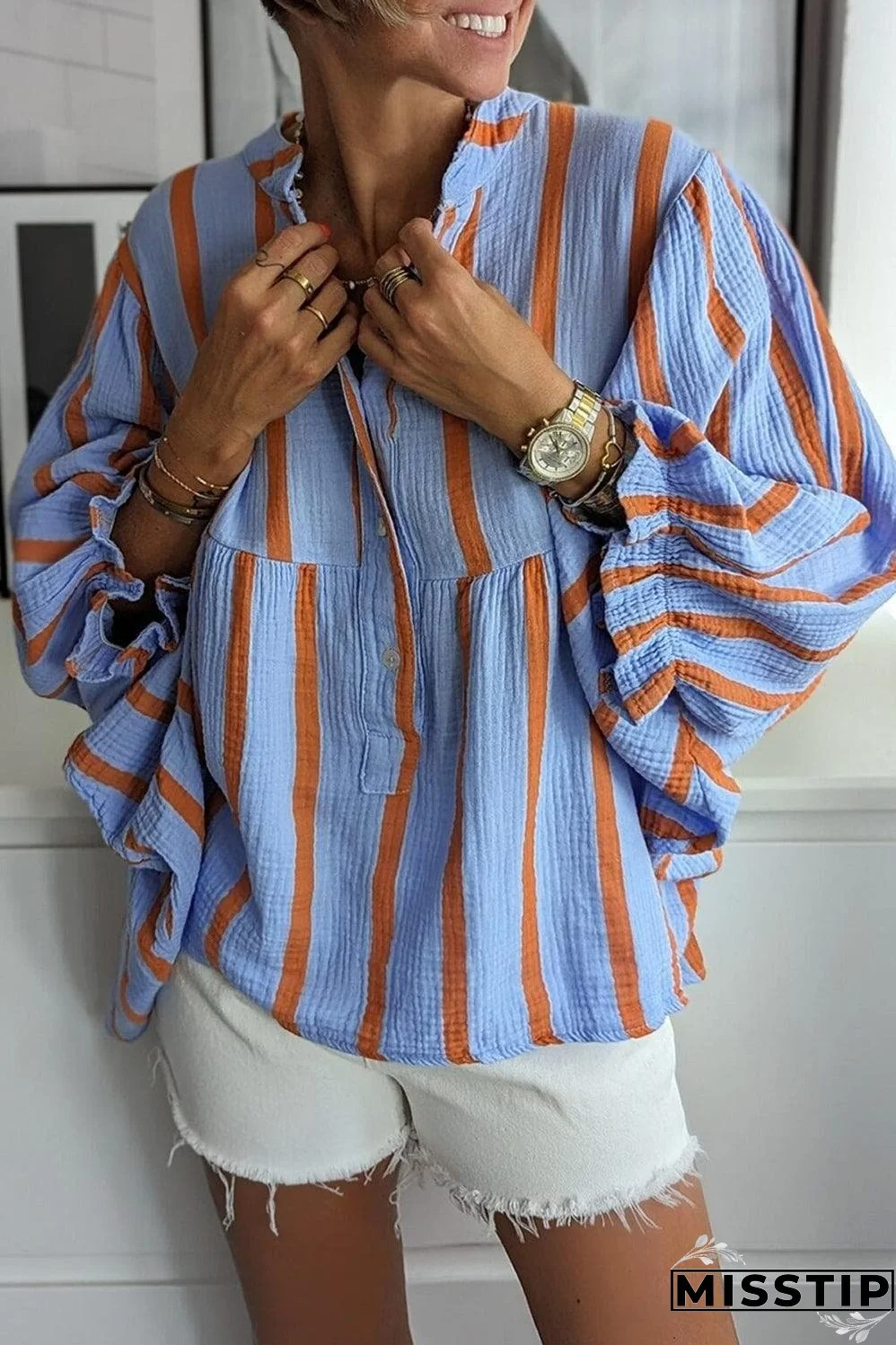 Sky Blue Stripe Crinckled Ruffled Sleeve Button up Loose Shirt
