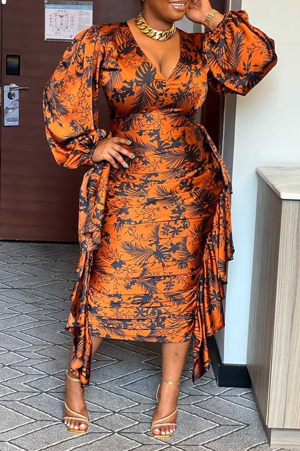 Plus Size Cocktail Party Dress Orange Floral Print Puffy Sleeves Ruffles Ankara Midi Dress