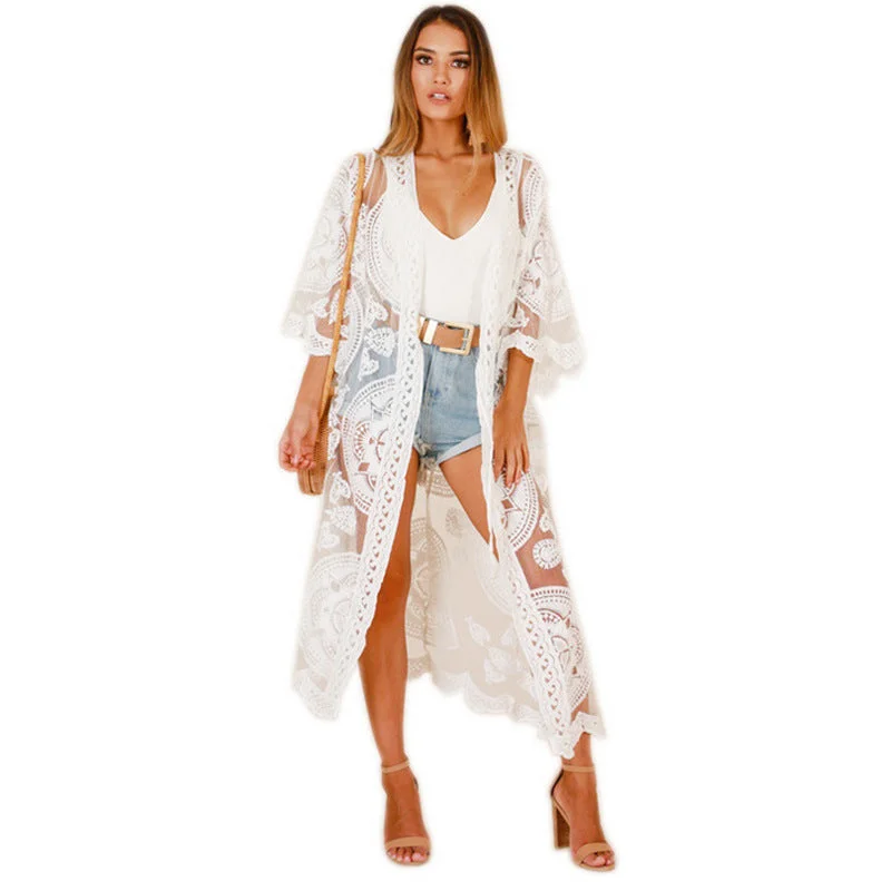 Brownm Loose Embroidered Embroidery Lace Bikini Gauzy Cardigan Beach Mid-length Shirt