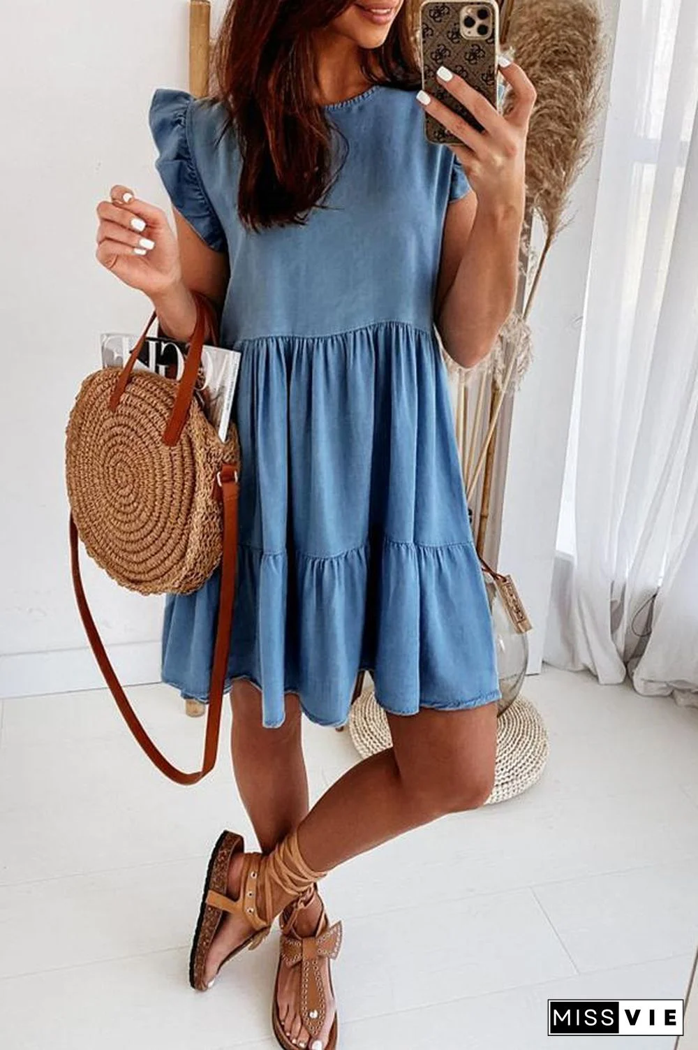Denim Solid Short Sleeve Tired Dress