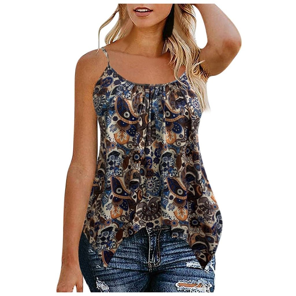 Plus Size Women Pleated Strap Tops Sexy Print irregular Tops Fashion V-Neck Summer Camis Women Casual Tank Vest Female blusas