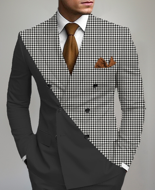 Business Houndstooth Patchwork Double Breasted V Neck Blazer