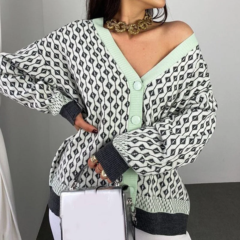 UForever21 Women Irregular Printed Knitted Cardigan Sweaters V-Neck Long Sleeve Single Breasted Lady Sweater 2023 Autumn Female Casual Tops