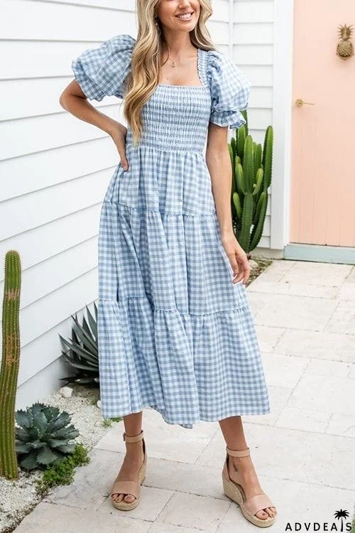 Plaid Square Neck Puff Sleeve Midi Dress