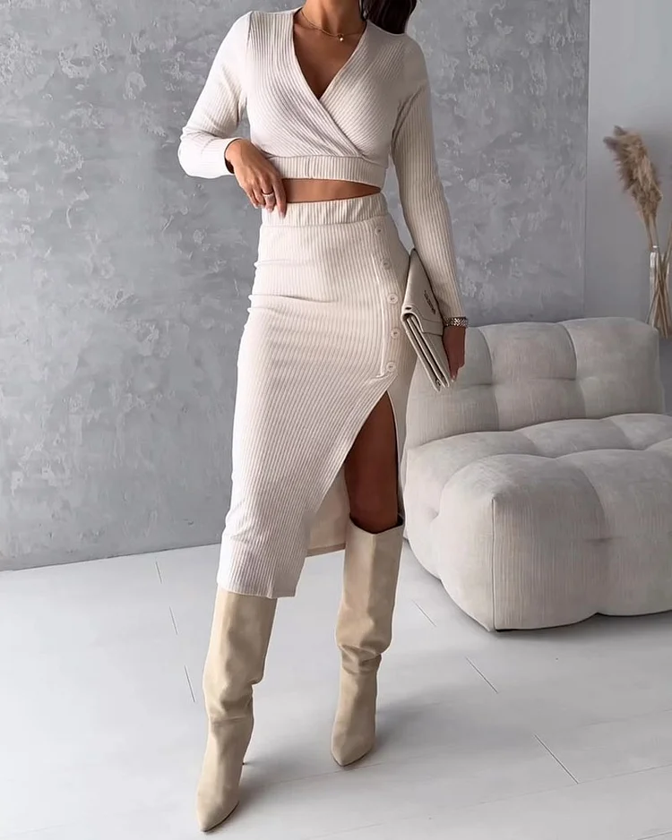 Casual V-neck Top & Slit Skirt Two-piece Set