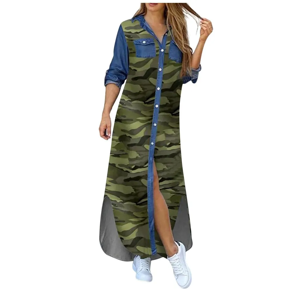 Autumn Long Dress Long Sleeve Shirt Dress Women Denim Long Dresses Pocket Button Shirt Print Dress Casual Loose Dresses 2021