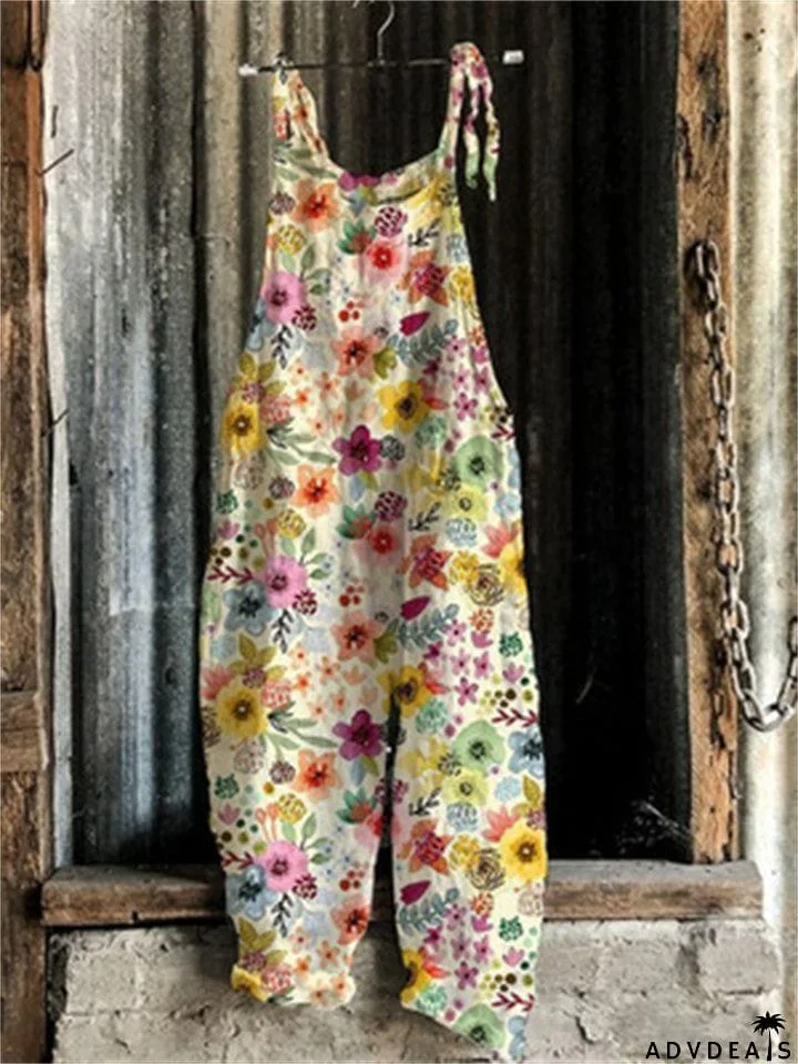 Square Neck All-Over Floral Print Sleeveless Sunflower Floral&nbsp;Overalls