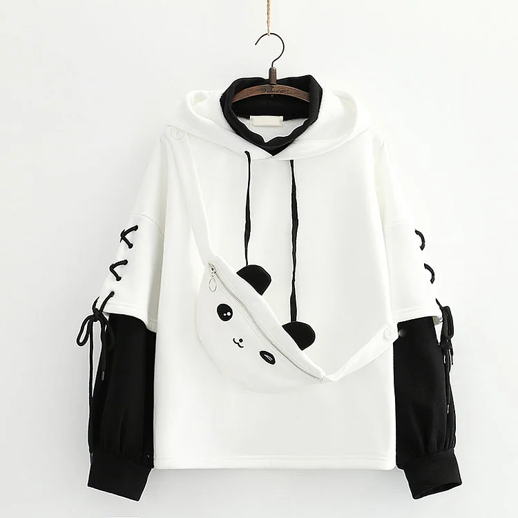 Panda Pullover Lace Up Hoodie with Cute Bags - Gotamochi Kawaii Shop, Kawaii Clothes