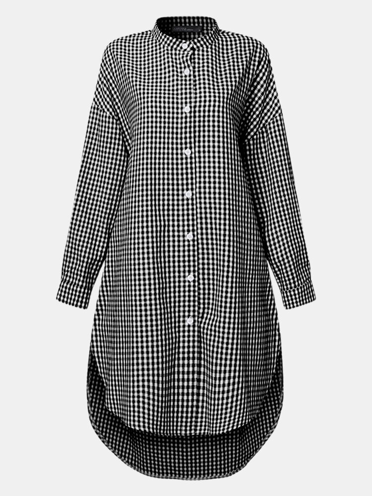 Plaid Button Stand Collar Long Sleeve Casual Blouse For Women P1792815