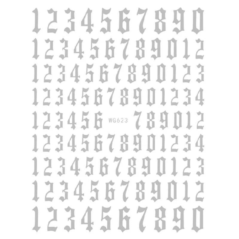 12-color Number Pattern Nail Sticker Decoration 3D Nail Art Stickers English Old Font Arabic Numeral Decals Designer Nail Foil