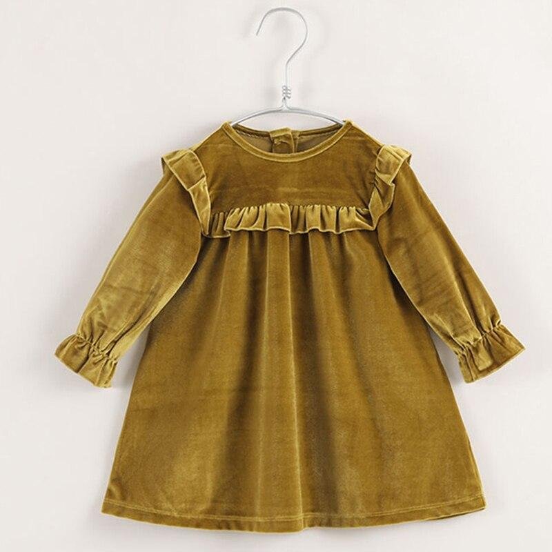 Spring Solid Color Long Sleeve Toddler Velour Dresses 1-8Yrs Baby Girls Dress Sweet Kids Velvet Clothes Princess Ruffles Dresses
