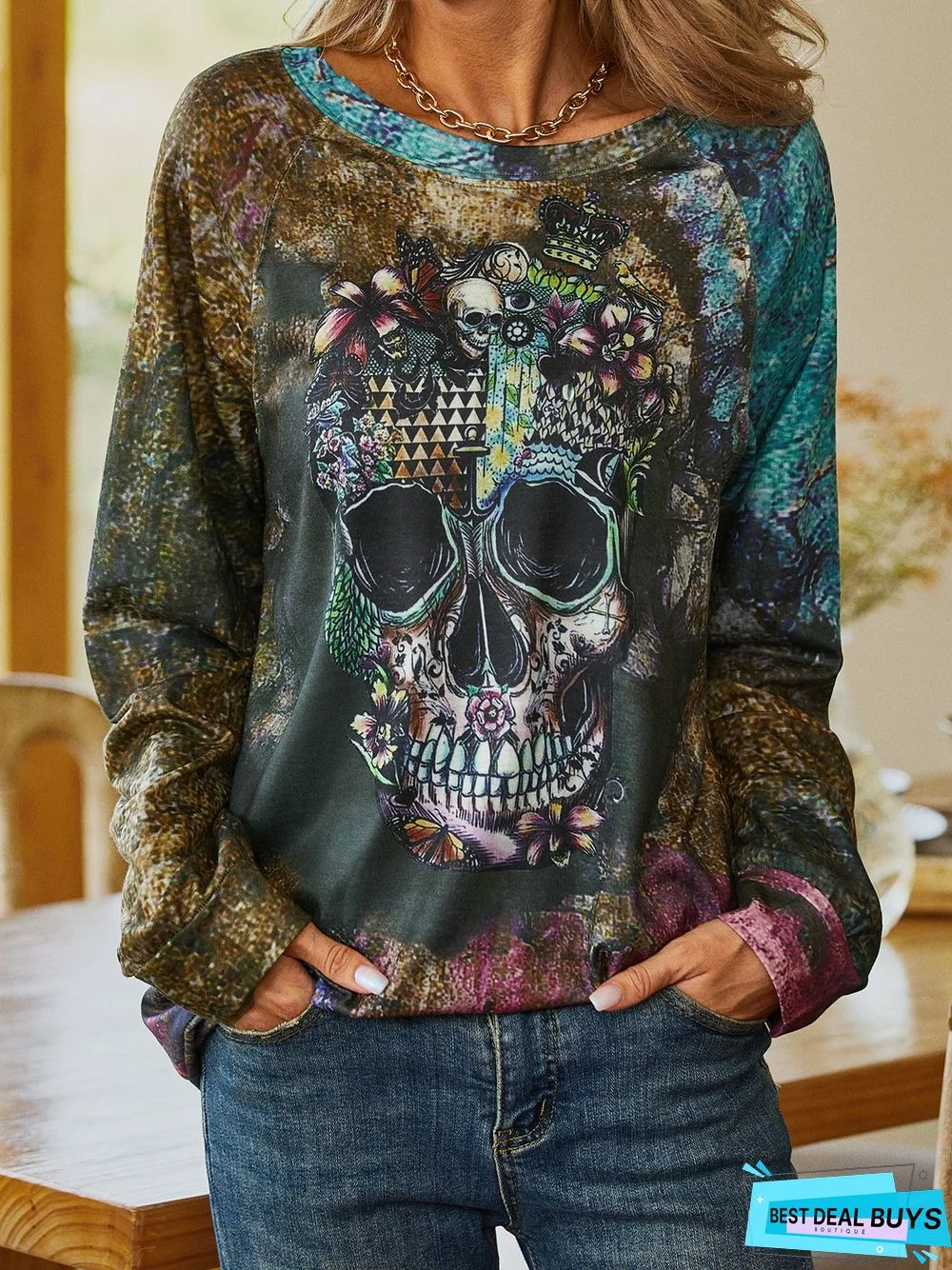 Skull Crew Neck Long Sleeve Vintage Sweatshirt