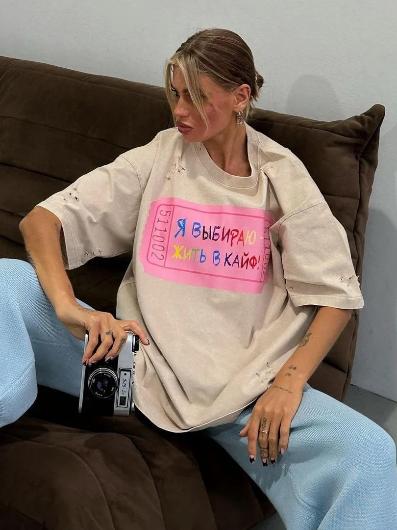 Athvotar Athvotar Letter Print Bumper T-Shirt Foundation Buffet Short Sleeves Front Shoulder Thin Long Round Collar Top