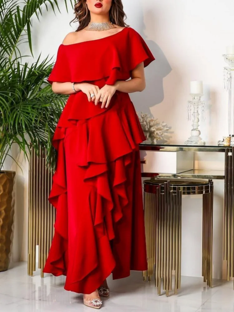 Ruffle Trim Tiered Red Maxi Dress