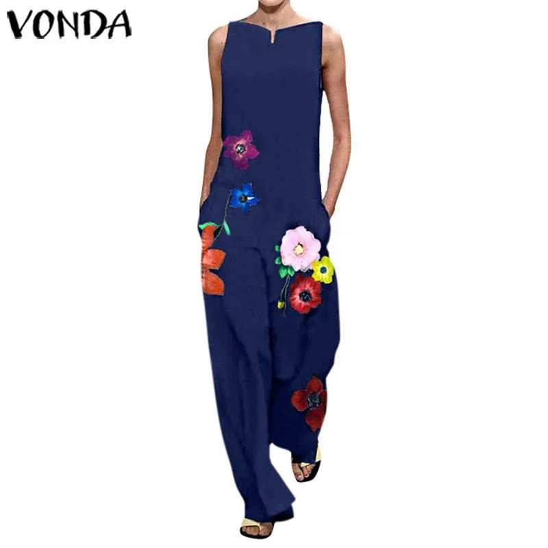 Rompers Women Jumpsuits 2022 VONDA Female Casual Wide Leg Pants OL Party Overalls Sexy V Neck Lapel Neck Print Playsuits