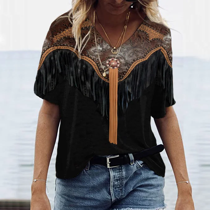 Western Fringe Print V-Neck Short Sleeve T-Shirt