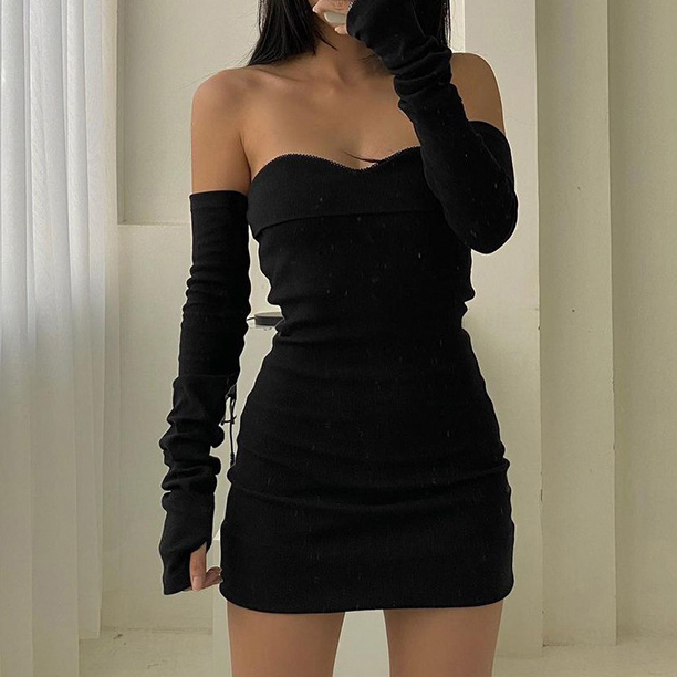 Y2K One Shoulder Black Long Sleeve Dress