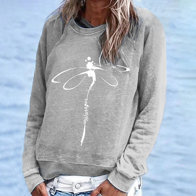 Comstylish Casual Long Sleeve Dragonfly Printed Sweatshirt