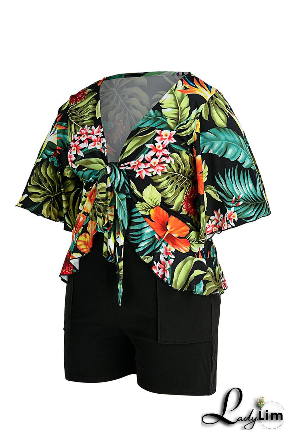 Green Casual Print Bandage Split Joint V Neck Plus Size Two Pieces