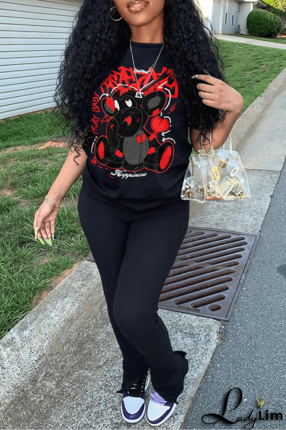 Black Casual Daily Print Patchwork O Neck T-Shirts