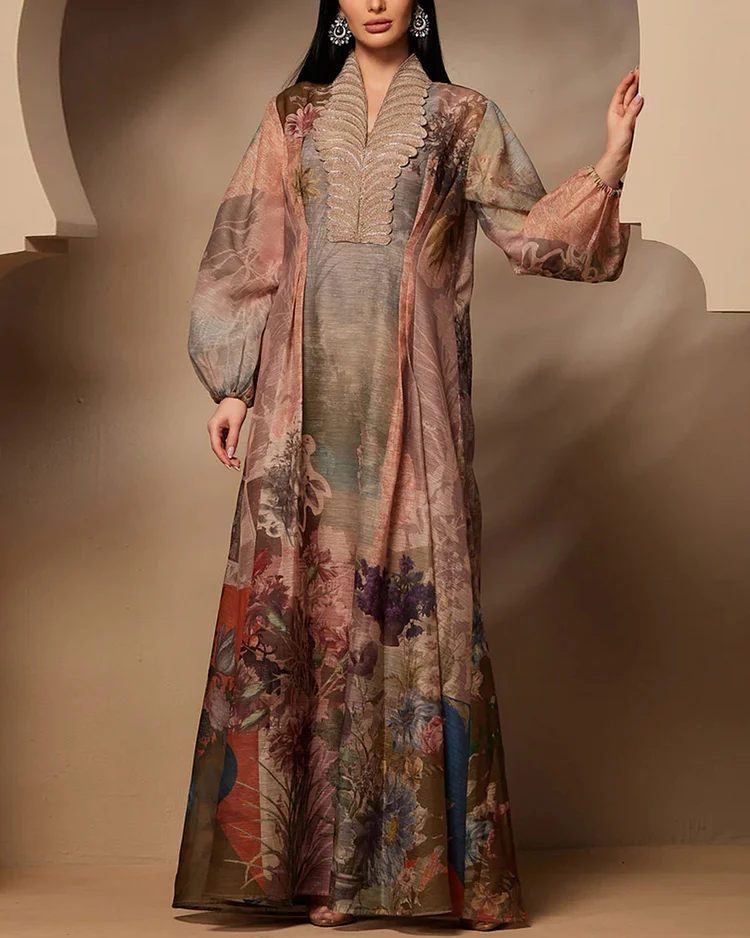 Long Sleeves Printed Pleated Kaftan With Floral Embroidered Neck Detailing