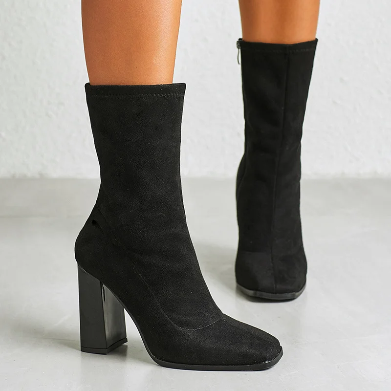 Churchf Churchf And Winter Square Head Thick Heel Ankle Boots Women's Shoes British High Heel Middle Boots Women's Boots Elastic Boots Martin Boots Single Boots