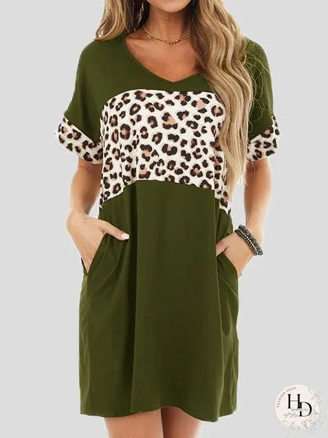 Dresses Crew Neck Leopard Panel Pocket Casual Dress for Women