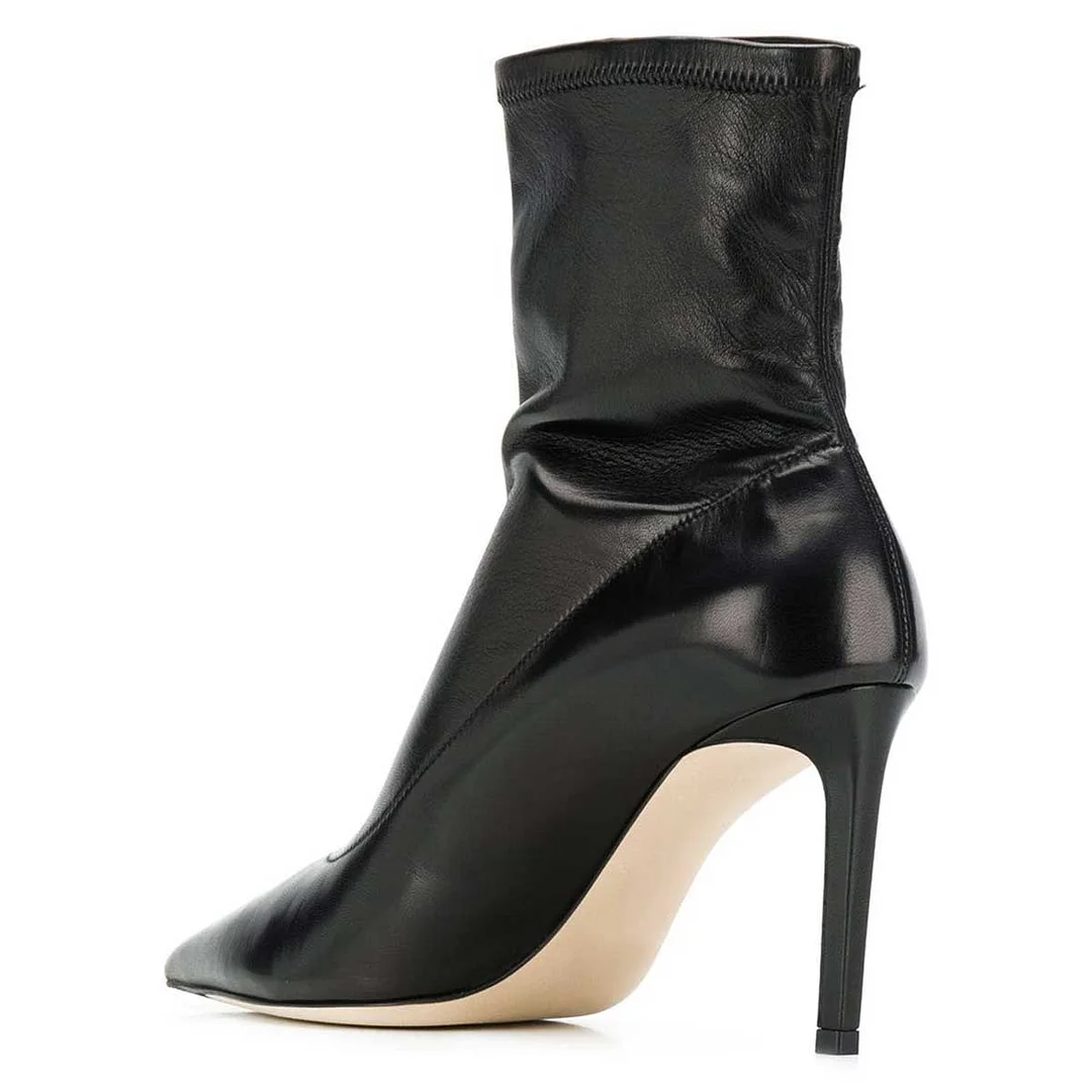Black Vegan Leather Stiletto Heel Pointed Toe Stretch Ankle Boots