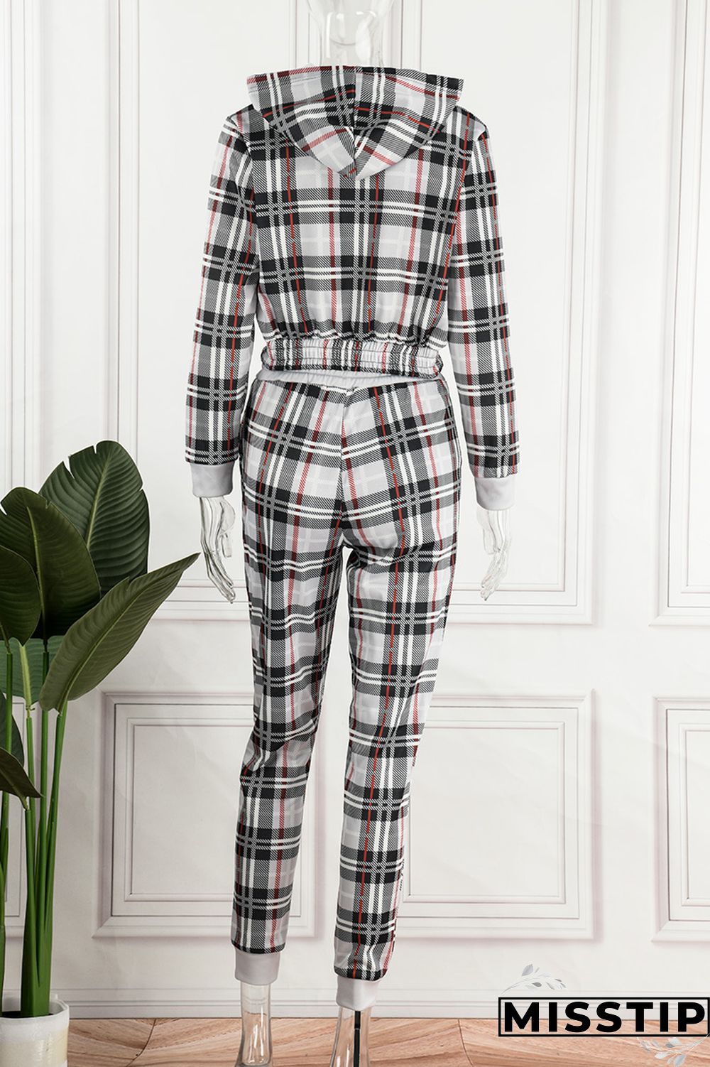 Pink Casual Plaid Print Patchwork Hooded Collar Long Sleeve Two Pieces