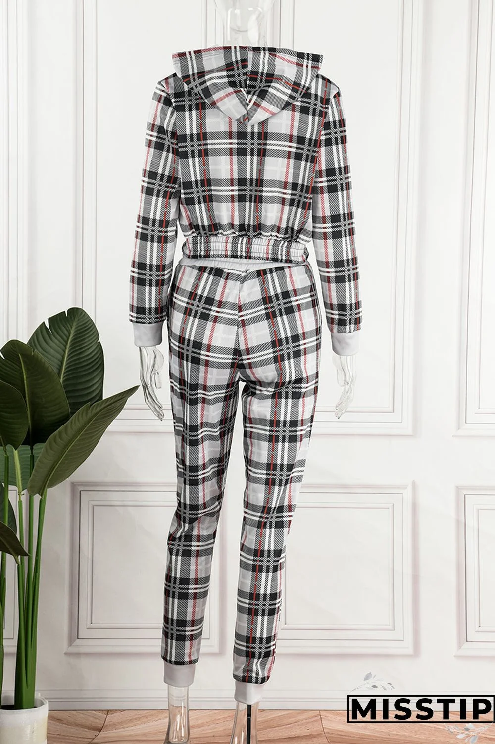 Pink Casual Plaid Print Patchwork Hooded Collar Long Sleeve Two Pieces